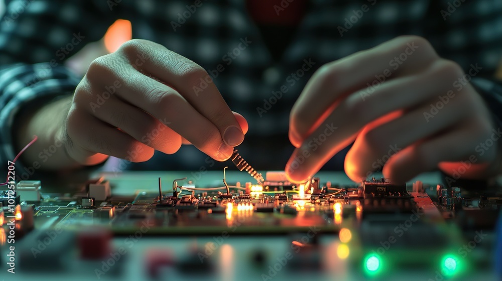 Poster a close-up of an engineer's hands working on a prototype electronic device, connecting circuits and 