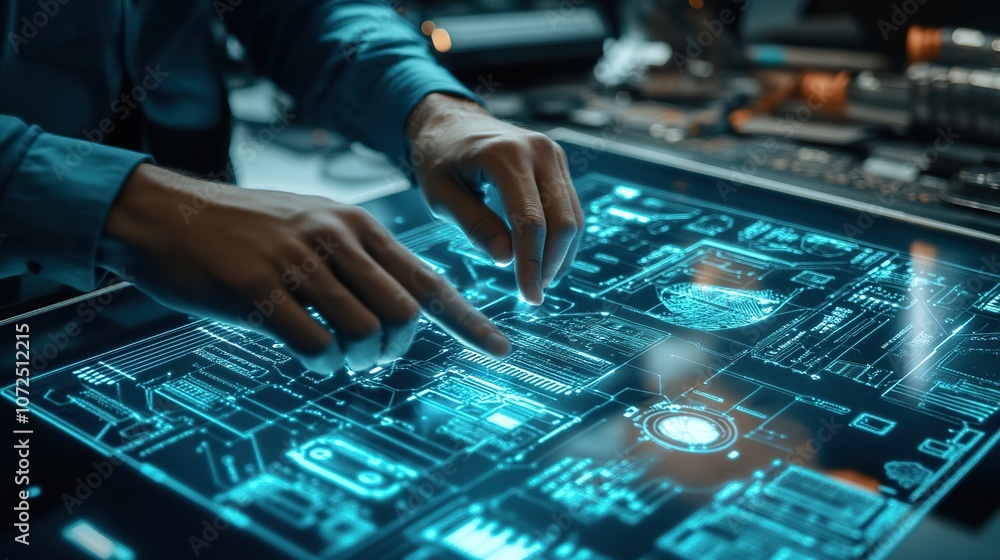 Poster a futuristic circuit design being developed by an engineer, with holographic displays and advanced c
