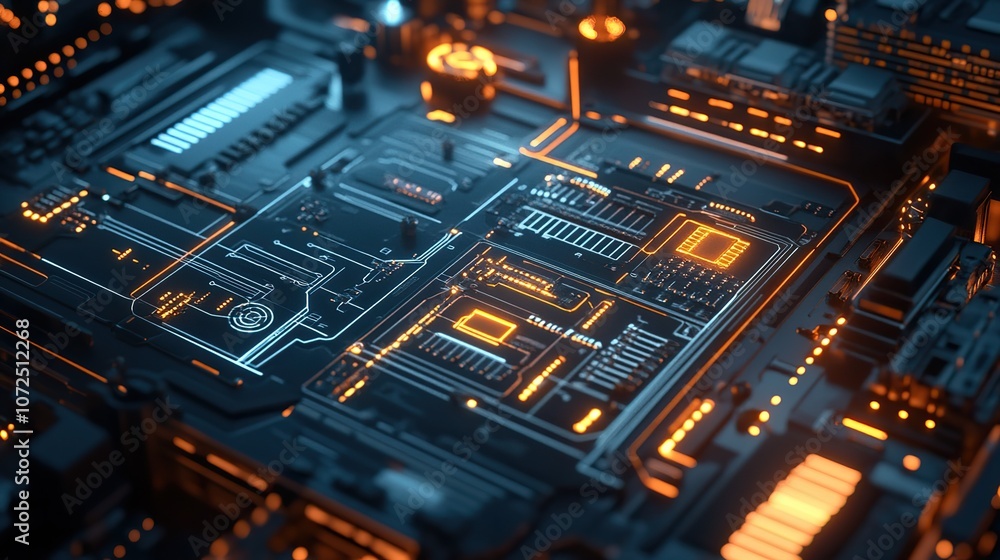 Poster a futuristic circuit design being developed by an engineer, with holographic displays and advanced c