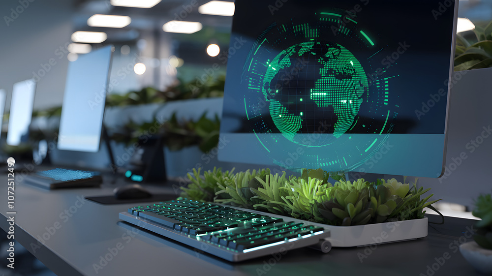 Poster modern workspace featuring computers with green lighting and digital globe display amid indoor plant