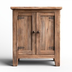 Rustic farmhouse cabinet crafted from reclaimed wood with vintage charm on a white background