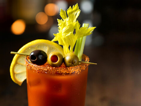Spicy Bloody Mary cocktail garnished with celery, olives, and a lemon wedge.