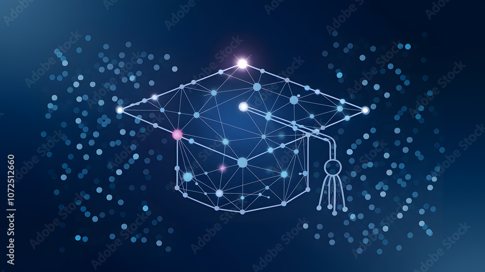Poster a digital representation of a graduation cap embedded with network connections illuminating against 