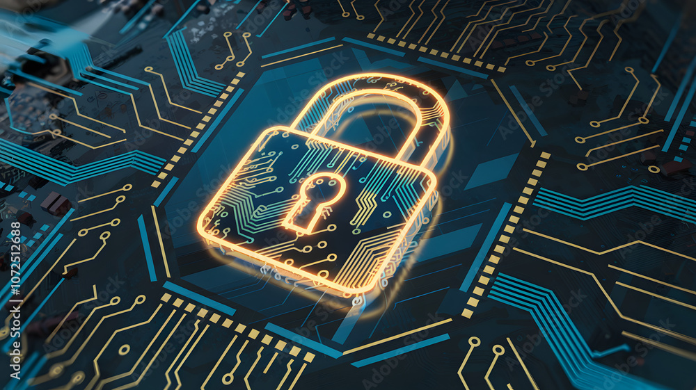 Poster digital padlock symbolizing cybersecurity on a circuit board background, highlighting technology and