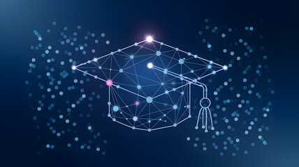 Fototapeta premium A digital representation of a graduation cap embedded with network connections illuminating against a dark background