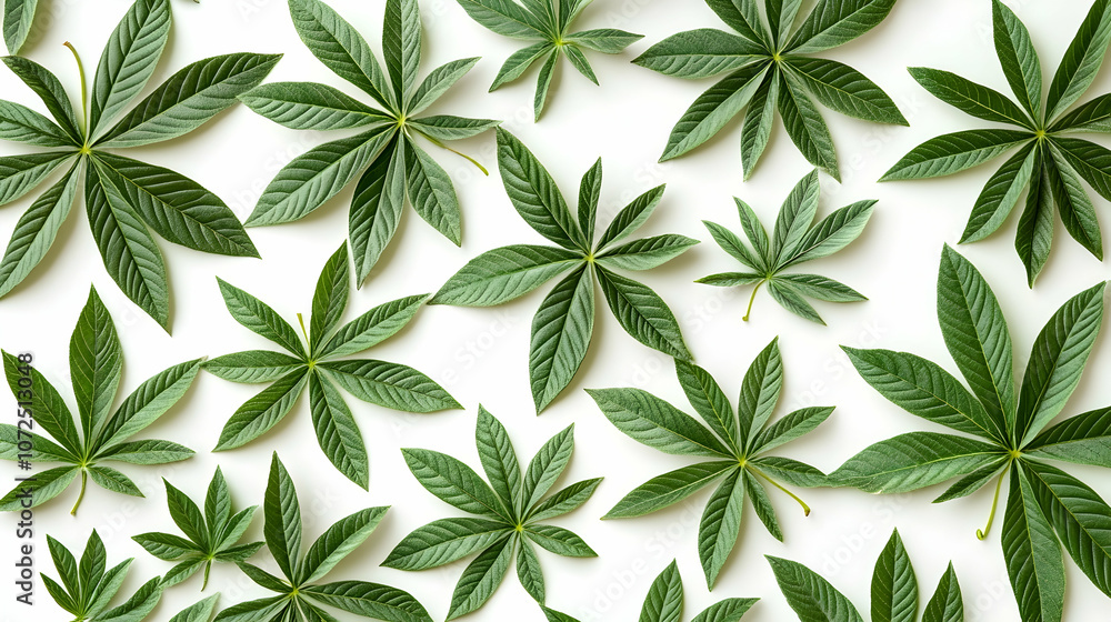 Wall mural a flat lay of green leaves arranged in a repeating pattern on a white background.