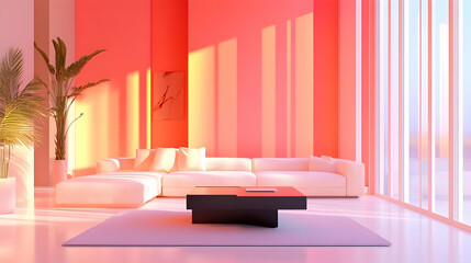 Minimalist Modern Living Room with Neon Coral Walls, White Modular Sofa, and Sculptural Black Coffee Table, Featuring Strong Color Contrast and Sleek, Modern Furniture for an Energizing Atmosphere