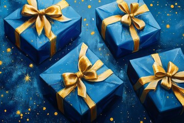 Four Blue Gift Boxes with Gold Ribbons and Confetti