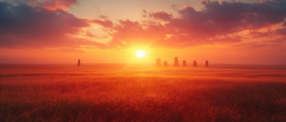 Fototapeta premium Silhouettes of ancient structures in a golden field at sunset.