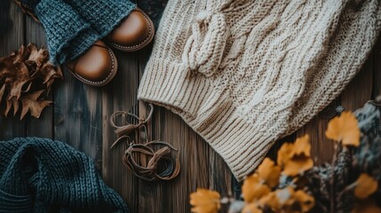 Knitted Cream Sweater, Brown Boots, and Fall Leaves on Wooden Background