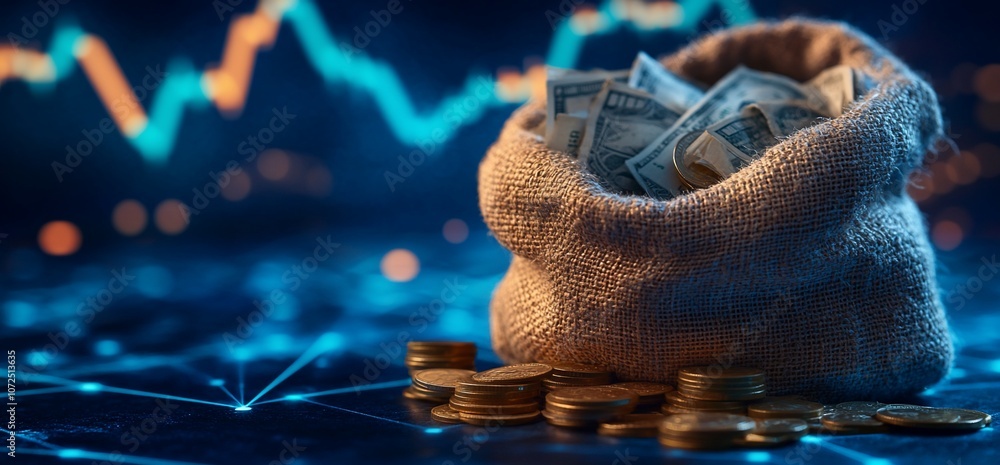 Poster a burlap sack filled with money sits on a table with gold coins and a blurred stock market graph in 