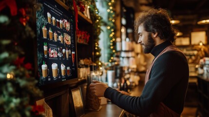 A caucasian man cafe manager updates a digital menu board on a display of a self-order kiosk with Christmas and new year promotions, featuring holiday-themed drinks, a welcoming holiday atmosphere