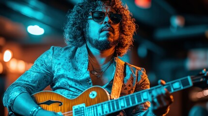 Obraz premium A musician with curly hair plays an electric guitar under blue and orange lights.
