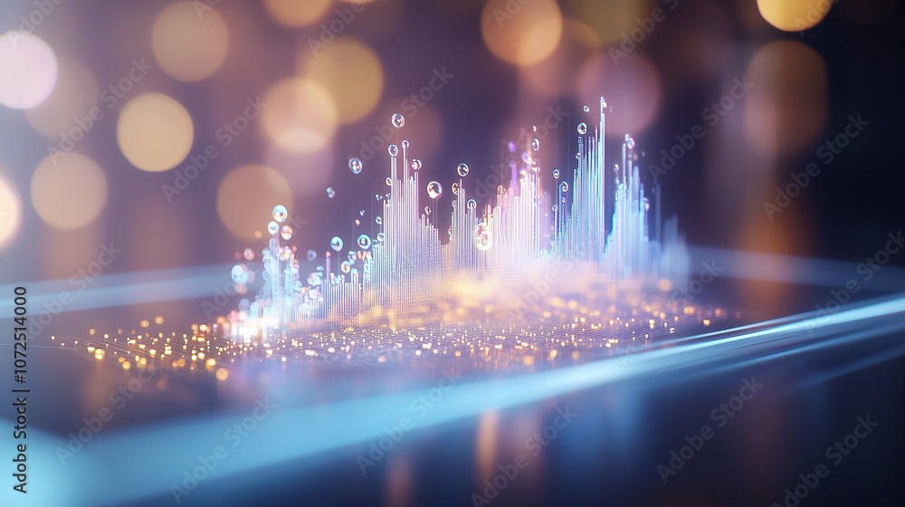 Poster a tablet displays an intricate digital data visualization with vibrant light patterns in a dimly lit