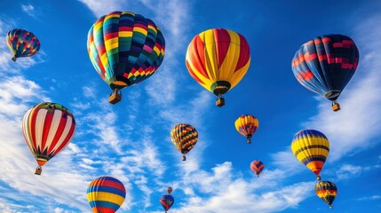 Obraz premium Colorful Hot Air Balloons Soaring Through a Blue Sky with White Clouds