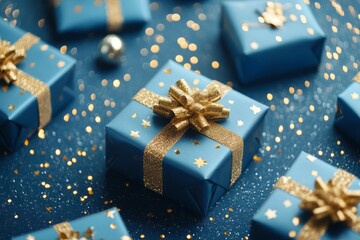 Blue Gift Boxes with Gold Glitter and Ribbon