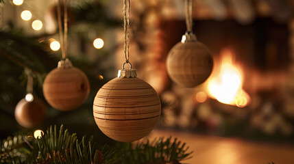 Wooden Christmas ornaments hanging on a tree, blurred background with a lit fireplace