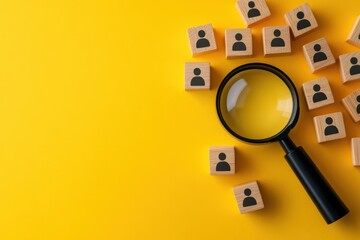 Magnifying glass over wooden blocks with human icons on a yellow background, showing determination to find the right person for a job or company management concept