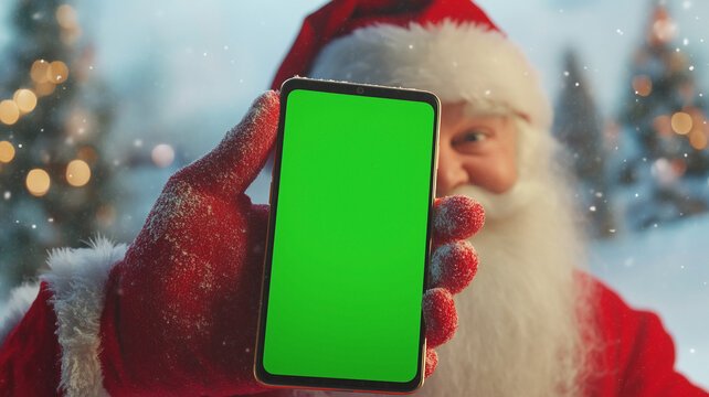Close up of smartphone held in gloved hand with Santa Claus in the background on Christmas. Smart phone screen is a chroma key green screen.