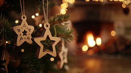 Wooden Christmas ornaments hanging on a tree, blurred background with a lit fireplace