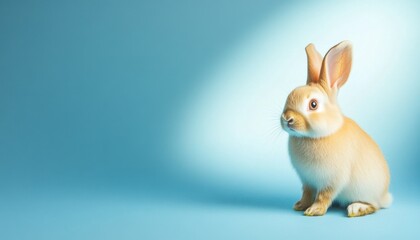 Obraz premium cute light beige dwarf easter rabbit sitting on a blue background, minimalist aesthetic, with copy space on the left side of the composition
