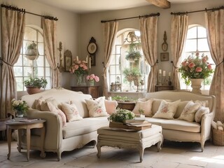 interior of a country house, living room with beige sofa