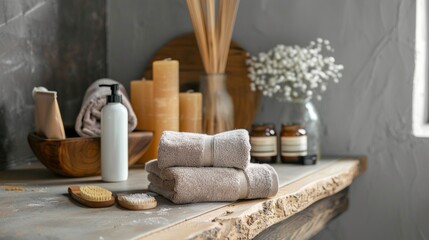 Natural spa items arranged on a rustic wooden counter