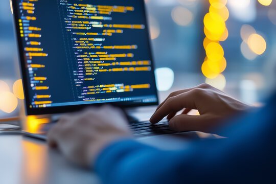 A person is engaged in coding on a laptop, focused on the glowing screen and surrounded by warm lighting