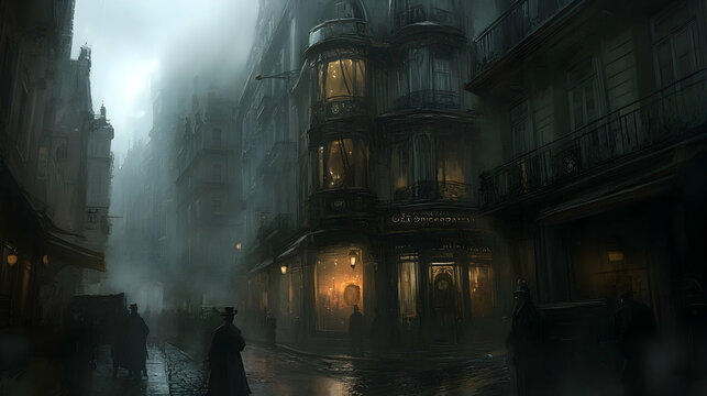 A foggy Parisian street at night with a lit shop window and a few figures walking by.