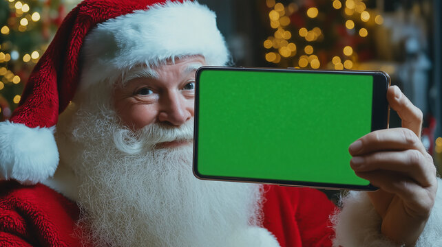 Close up of smartphone held in landscape mode with Santa Claus in the background Smart phone screen is a chroma key green screen. - Powered by Adobe