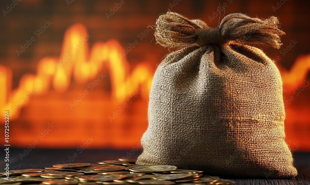Poster A burlap sack with a drawstring closure sits in front of a pile of gold coins with a blurred background of a stock market graph.
