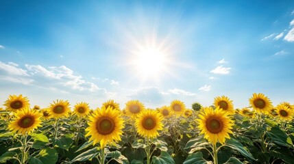Obraz premium Sunlit Field of Sunflowers with Bright Blue Sky