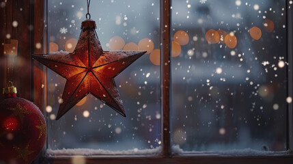 Christmas star hanging in front of a window with snowflakes gently falling in the background