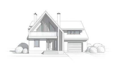 Modern House Line Drawing, Minimalist Architectural Sketch, Simple House Blueprint Illustration, Contemporary Home Outline Art, Clean Line Art of Residential Building.
