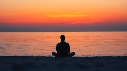Sunset Silhouette Man Sitting by the Beach Peaceful Ocean Reflection Tranquil Evening Sky Relaxation Meditation Calm Scene
