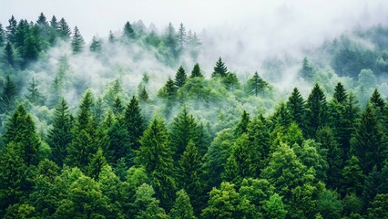 Misty Forest Landscape with Evergreen Trees and Overcast Sky