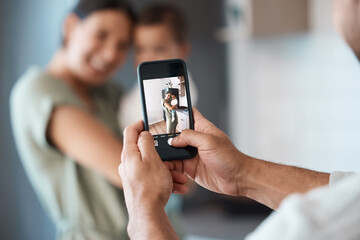 Happy mother, phone screen or picture with baby in kitchen for photography, memory or snap at home....
