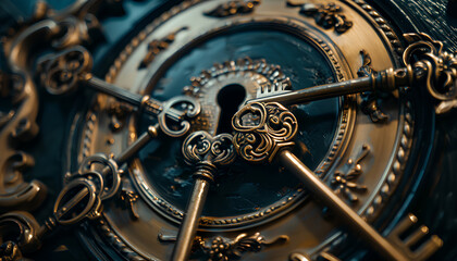 Fototapeta premium Vintage victorian style golden skeleton keys with centered around a silver lock. Concepts of unlocking potential, keys to success, or security solutions