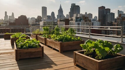 Urban rooftop garden featuring thriving vegetable beds under golden sunlight with skyline backdrop in a bustling city. Generative AI