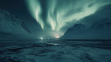 Naklejka premium Northern Lights Display Over Snowy Mountains and Frozen River at Night