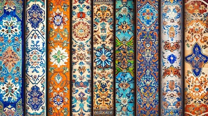 A collection of vertical or horizontal banners showcasing intricate ancient mosaic walls with floral and geometric designs including traditional Iranian tile decorations
