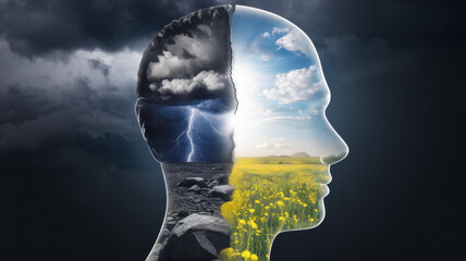A conceptual image depicting the duality of the human mind with stormy clouds on one side and a bright, sunny landscape on the other, symbolizing contrast.