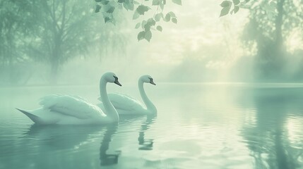 Obraz premium Swans facing each other on calm lake at sunrise.