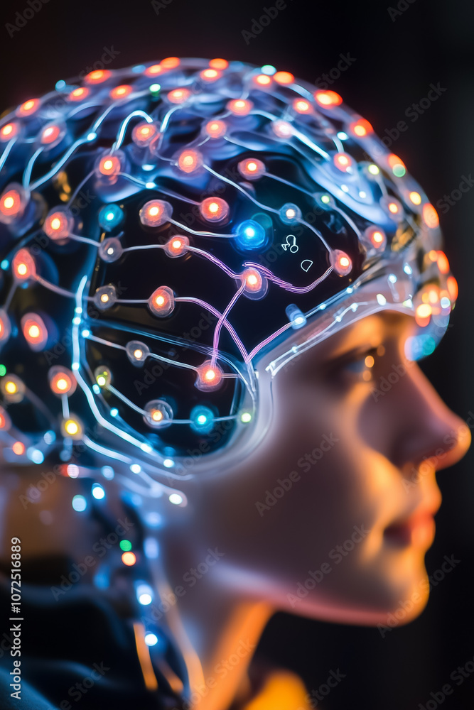 Poster a close-up of a person with a glowing brain interface in a dim, tech-filled setting