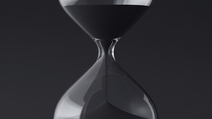 A crystal clear hourglass filled with dark sand, symbolizing the passage of time against a minimalist black background.