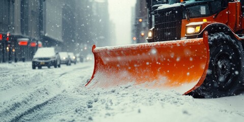 A snowplow clears a snowy street in a bustling city. The orange blade contrasts against the white snow and gray buildings. Ideal for winter maintenance visuals. AI
