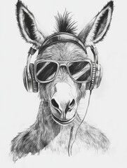 A cool donkey wearing sunglasses and headphones, embracing a relaxed vibe in a black and white minimalistic style