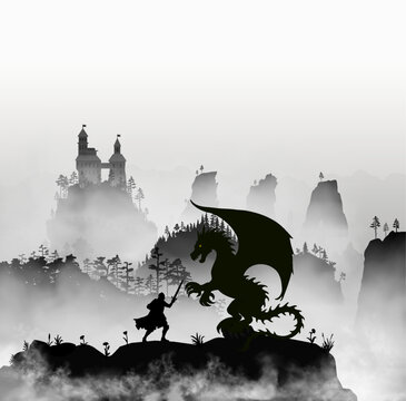 The knight fighting with the dragon inside the fog clouds. There are beautiful hazy mountains with a forest and a castle far beyond. Vector beautiful medieval landscape with warrior and flying lizard.