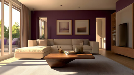 Minimalist Modern Living Room with Rich Plum Purple Walls, Soft Beige Sofa, and Sculptural Wooden Coffee Table, Featuring Warm and Creative Design with Dramatic Colors