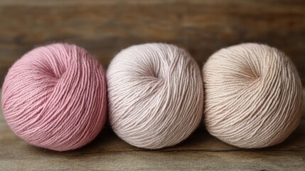 Yarn skeins. Three knitting wool balls lying on table. Beige braun pale pink colored threads 